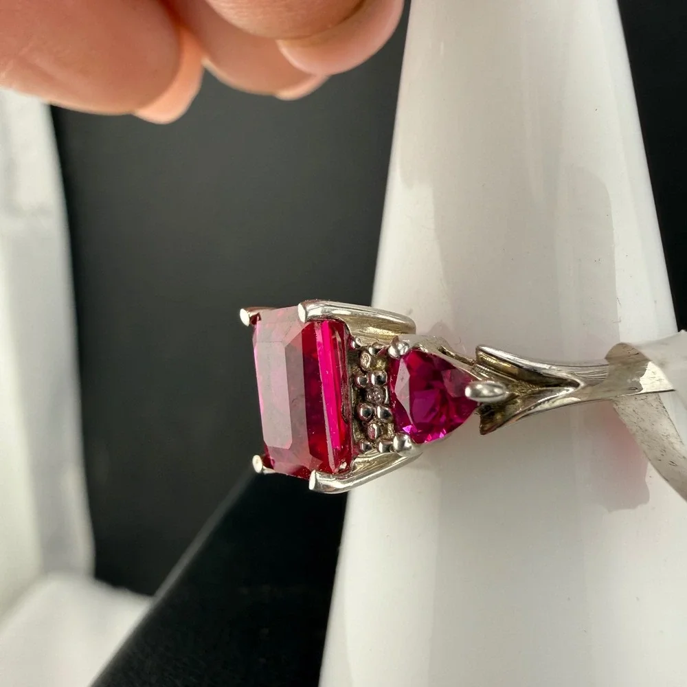 Sterling Silver Created Lab Ruby Three Stone Ring Red Women Size 8